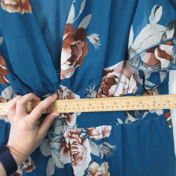 Baltic Born Smocked Midi Dress XL Blue Floral V Neck Boho Summer Party Chic 334 - Picture 6 of 12